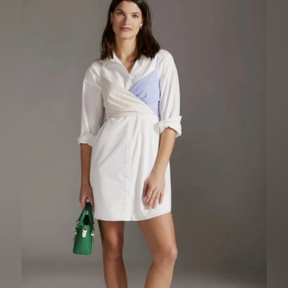 Mare Mare Anthropologie Twofer Mini Dress Womens XS White Blue Shirt EUC Striped